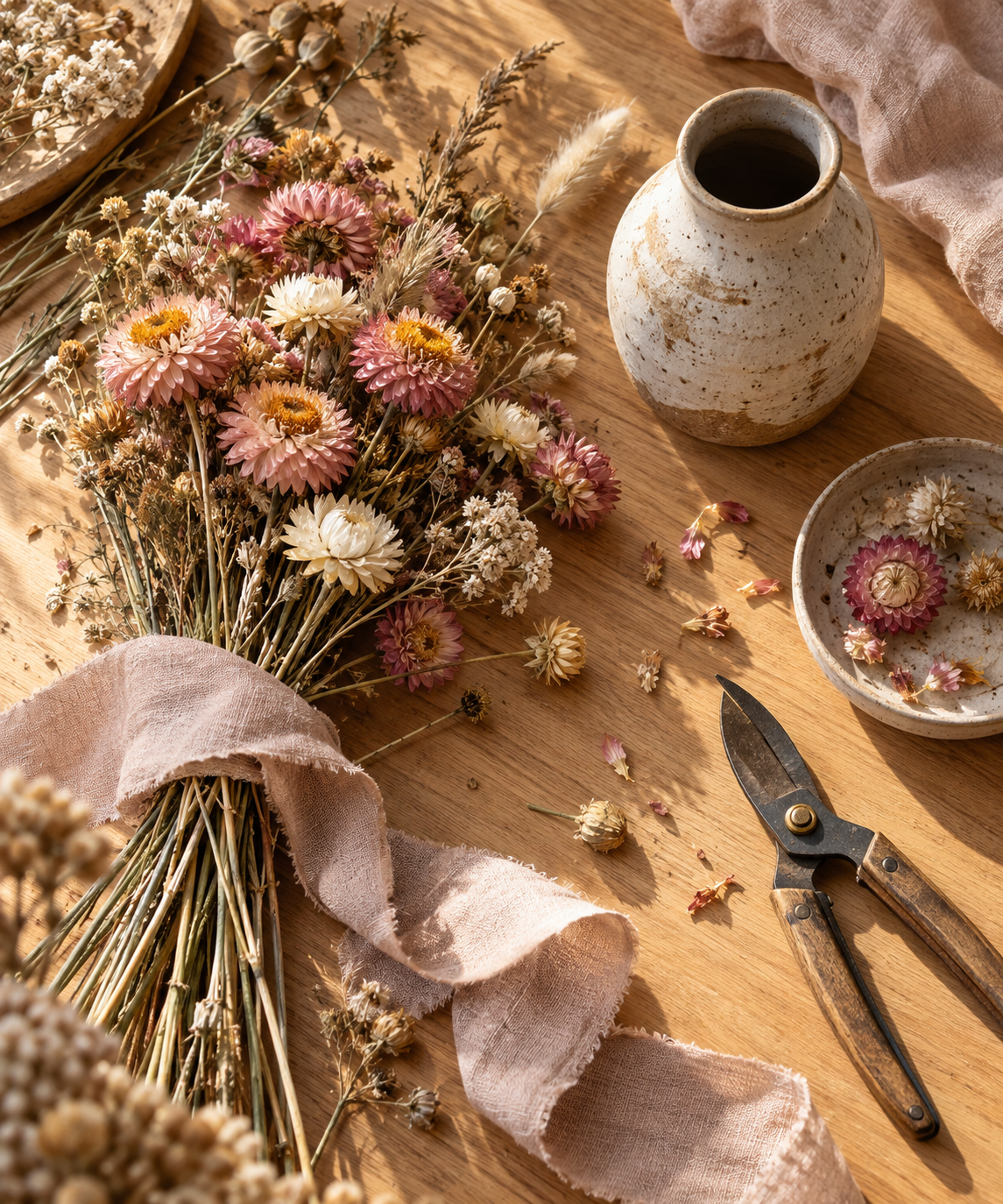 Strawflowers and home decor craft materials on a wooden table