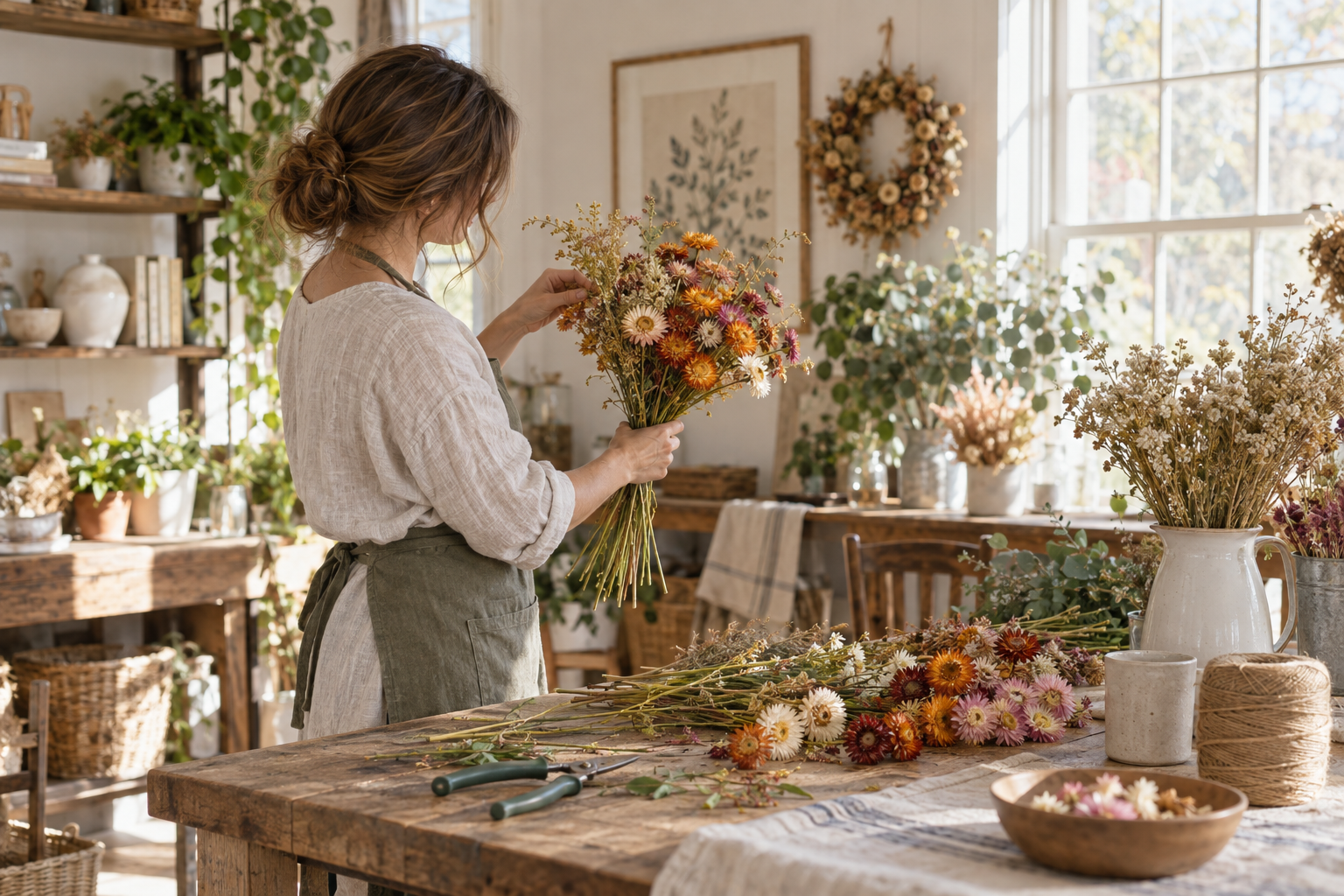 Florist arranging a strawflower bouquet in a bright studio